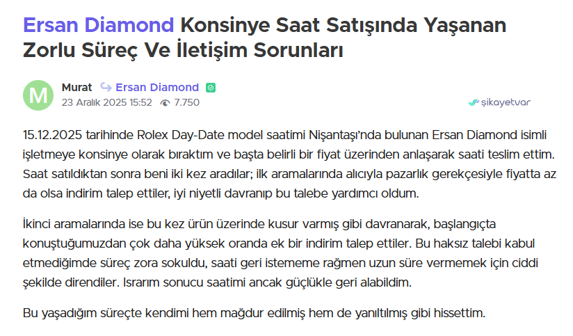 Ersan Diamond Şikayet